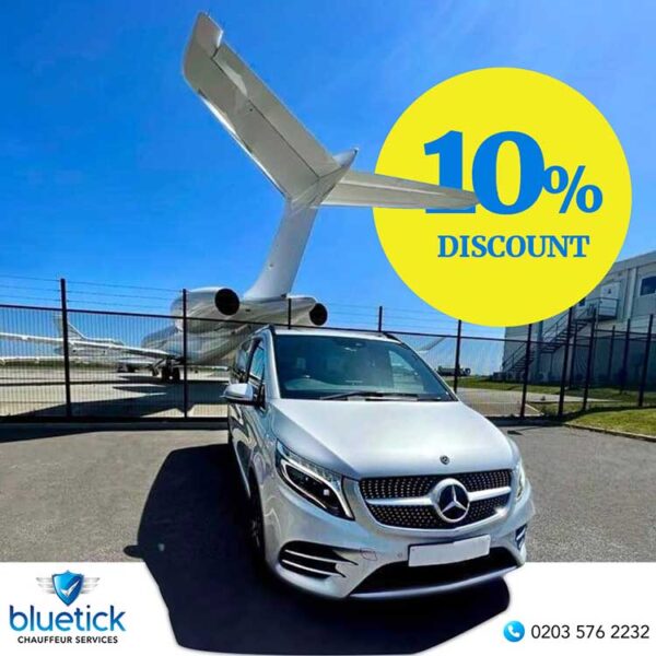 A Mercedes V Class van with a private jet behind, BlueTick Chauffeur Services branding and a 10% discount offer