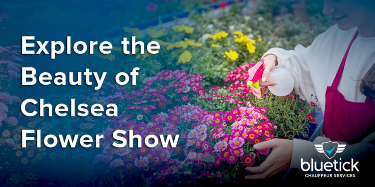 Scenic view of vibrant floral displays and garden exhibits at the Chelsea Flower Show, with visitors admiring the arrangements.