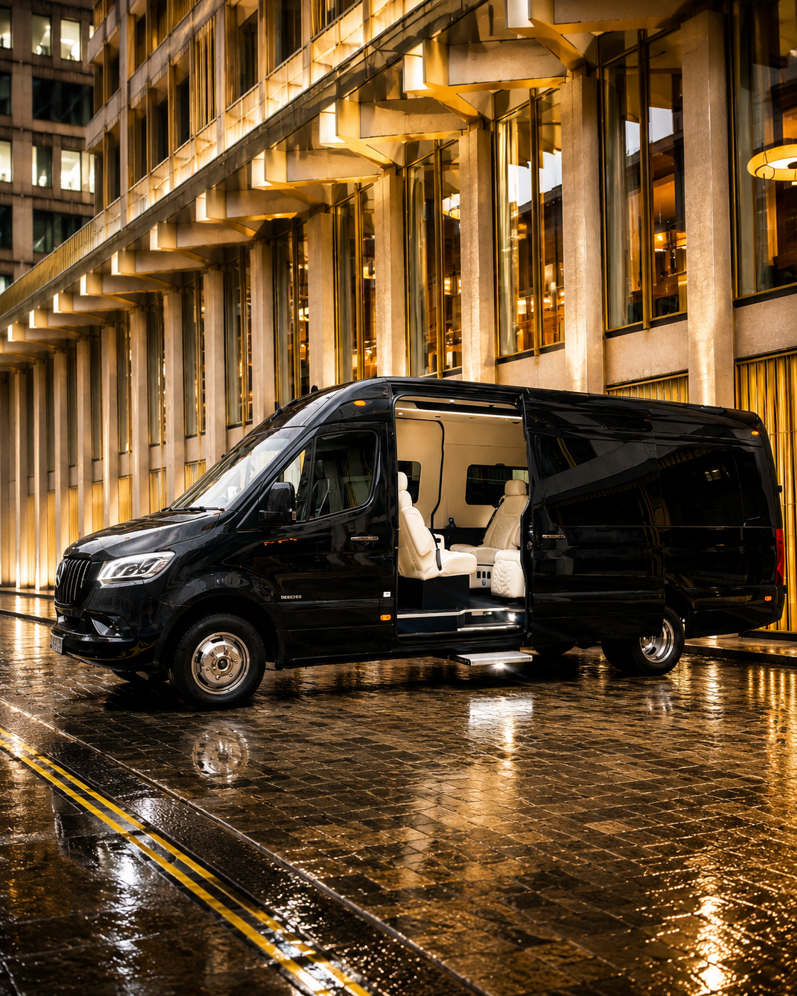 Black luxury Mercedes Sprinter with illuminated passenger entrance outside a London building at night