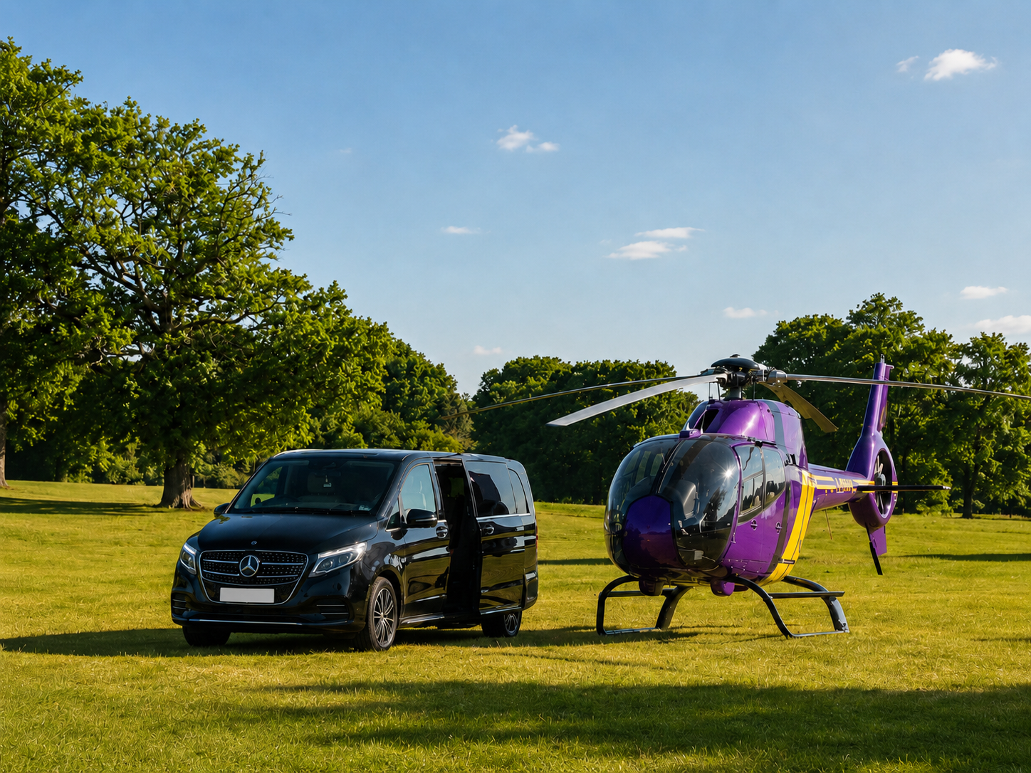 Black Mercedes V-Class chauffeur vehicle beside a helicopter for private aviation ground transfer