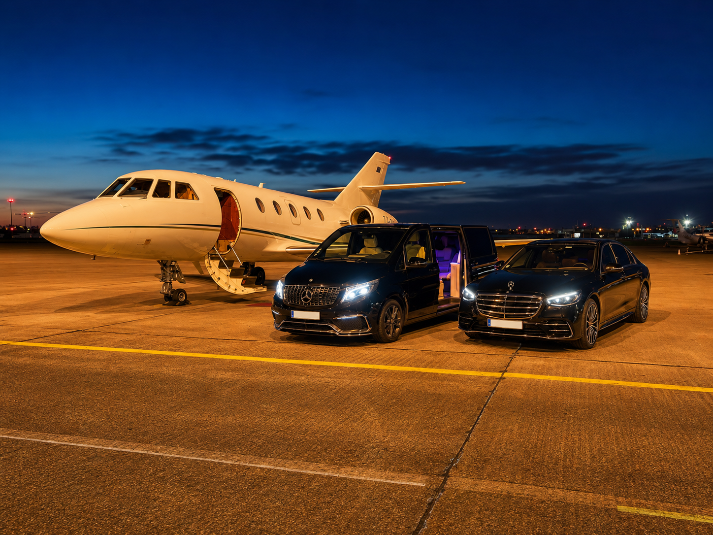 Mercedes V-Class and S-Class chauffeur vehicles positioned beside a private jet at night