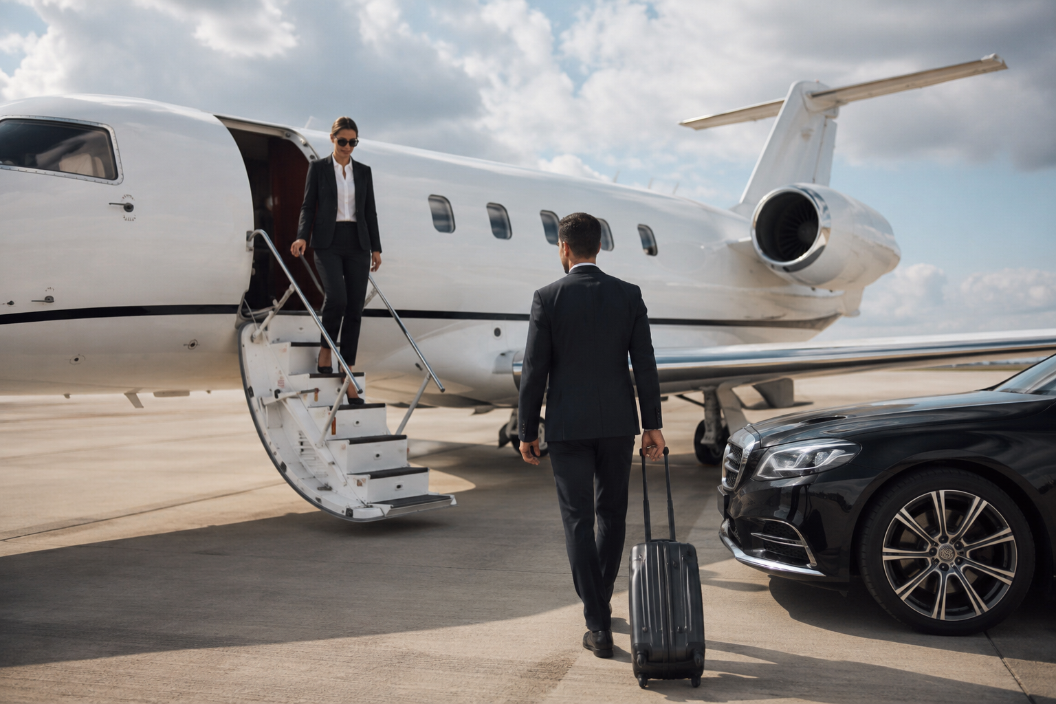 Professional chauffeur meeting a private jet passenger on the runway beside a luxury executive car.