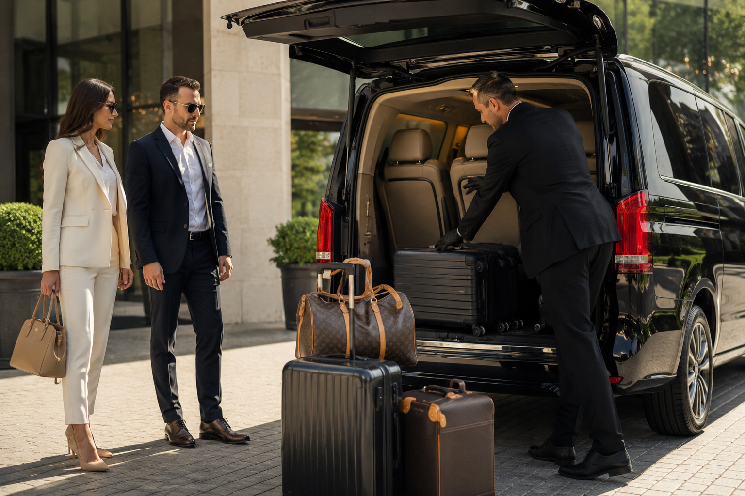 Professional chauffeur loading luggage into a luxury vehicle while assisting executive travellers.
