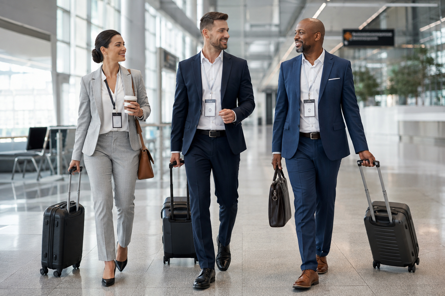 Business travellers walking through a modern airport terminal with luggage during executive travel.