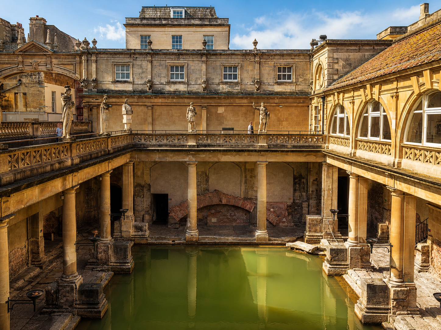 Historic Roman Baths surrounded by classical stone architecture in Bath, England.