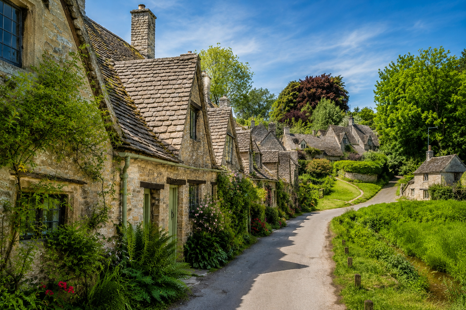 Traditional Cotswolds stone cottages beside a quiet country lane surrounded by green countryside.