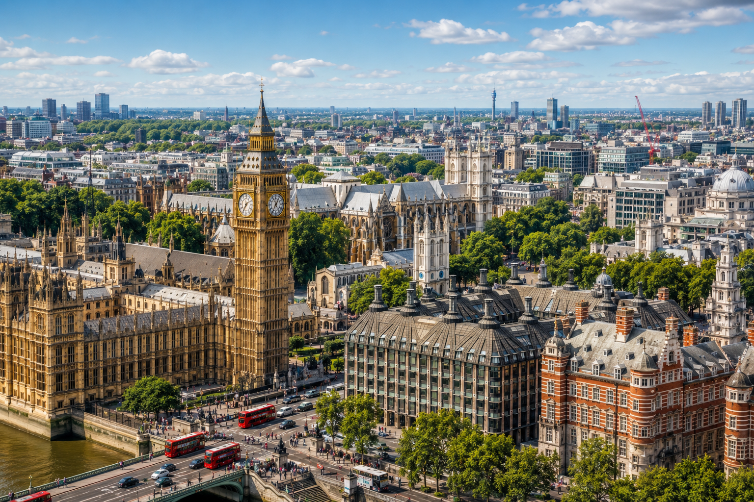 Aerial view of Big Ben, the Houses of Parliament and central London beside the River Thames.